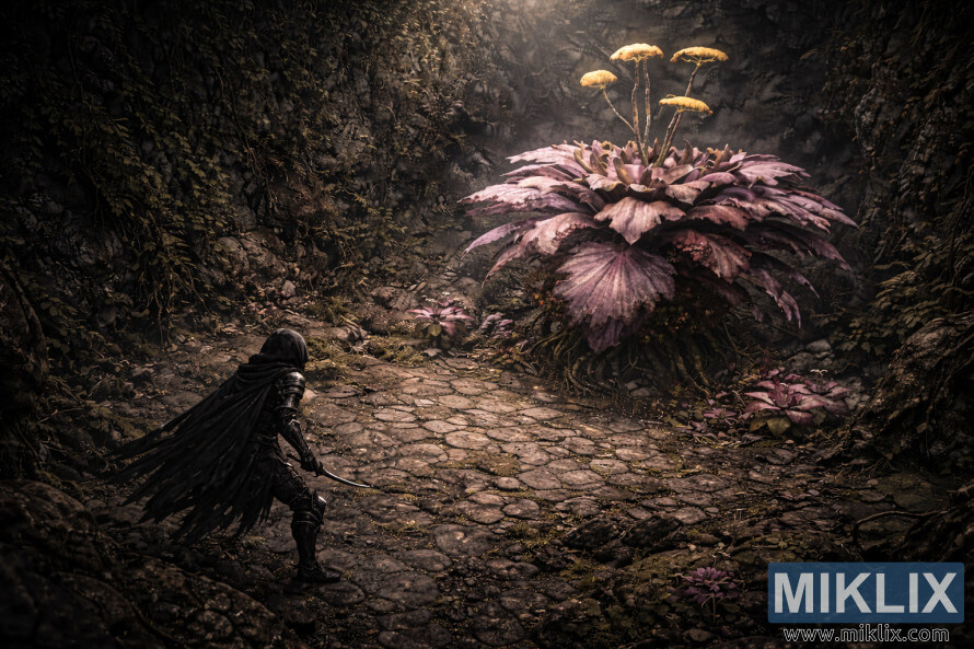 Mtazamo halisi wa kiisometriki wa silaha ya kisu cheusi iliyochafuliwa ikimkabili bosi mrefu wa Miranda Blossom ndani ya vilindi vilivyokua vya Pango la Tombsward kabla ya mapigano kuanza.