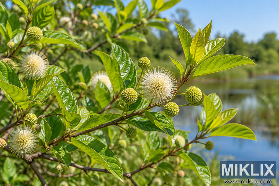 Close-up of buttonbush branches with glossy green leaves, round green buds, and white pincushion-like flowers beside calm water. Close-up of buttonbush branches with glossy green leaves, round green buds, and white pincushion-like flowers beside calm water.