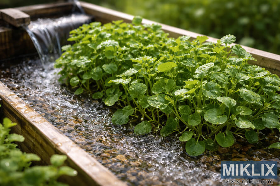 Fresh green watercress growing densely in a wooden container with pebbles and gently flowing water under bright natural light.