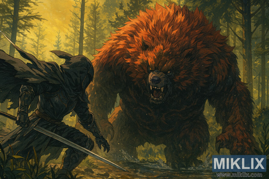 Anime-stil fan art av den Tarnished som kÃ¤mpar mot Ralva, den stora rÃ¶da bjÃ¶rnen, i en skog