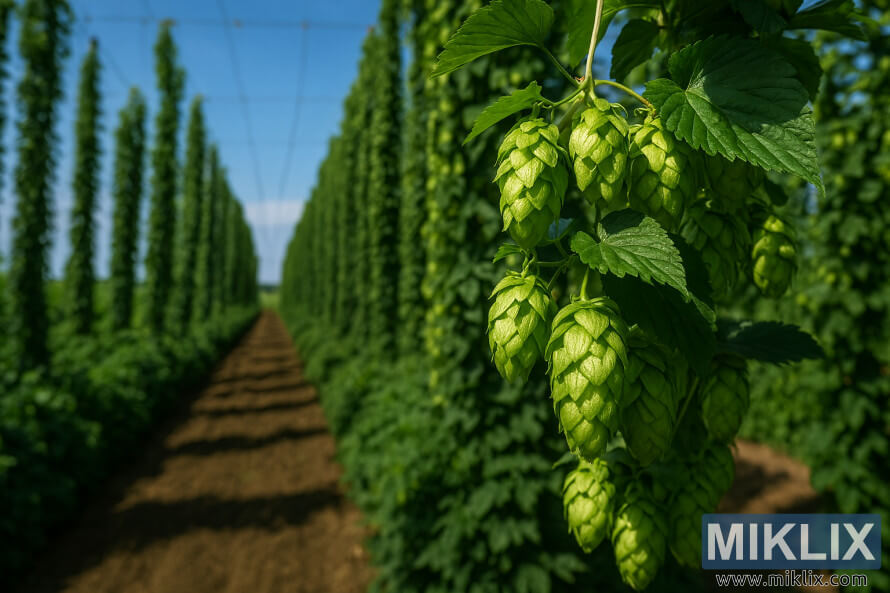 Close-up of green Nordgaard hop cones in front of tall trellises in a sunlit hop field.