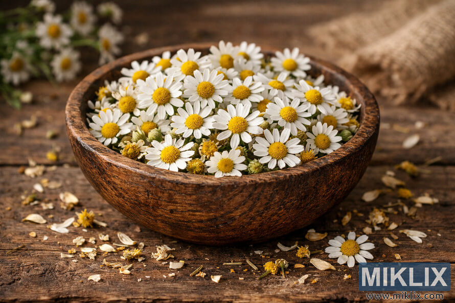 Landscape photo of a rustic wooden bowl filled with fresh chamomile flowers on an aged wooden surface, with dried chamomile petals and florets scattered around the bowl, soft warm lighting, and a blurred background featuring additional chamomile sprigs and burlap fabric.