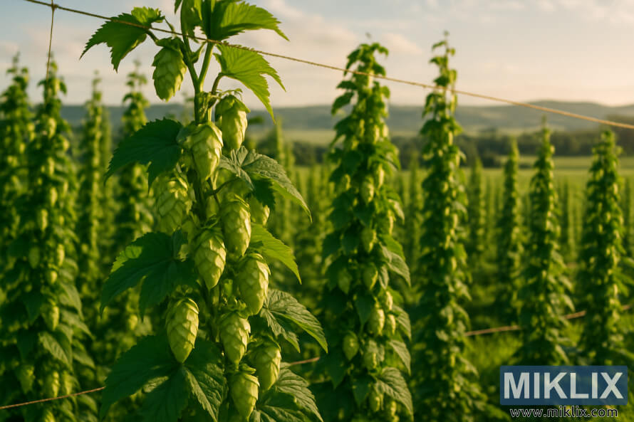 NÃ¦rbillede af humleranker med grÃ¸nne kogler i sollys, rÃ¦kker af humleplanter, der strÃ¦kker sig ud i det fjerne mod bÃ¸lgende bakker.