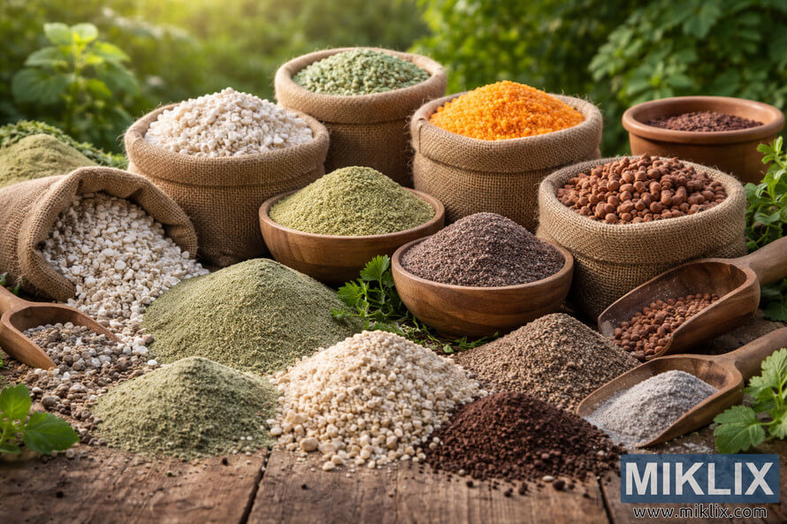 Assortment of soil amendment minerals such as perlite, gypsum, greensand, lime, and rock phosphate arranged in bowls and burlap sacks on a wooden surface in a garden setting.