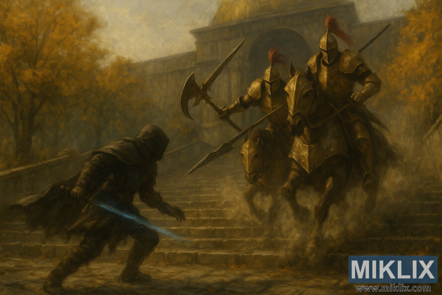 Lukisan bergaya minyak realistis yang menggambarkan kaum Tarnished bertarung melawan dua Penjaga Pohon bersenjata tombak di atas kuda di tangga menuju Leyndell di Elden Ring.
