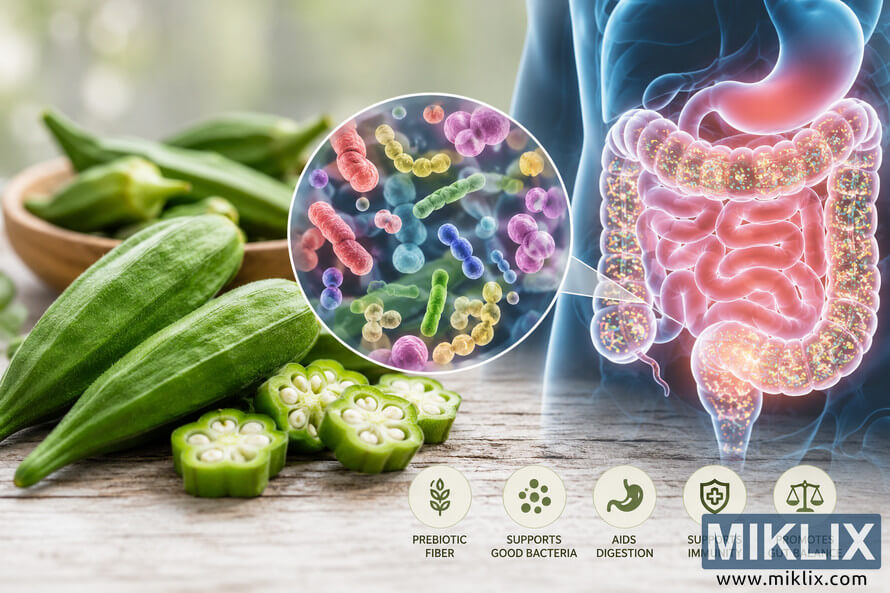 A landscape health visualization showing fresh okra beside a glowing anatomical illustration of the human digestive system, with a magnified view of diverse gut bacteria connecting the vegetable to microbiome health and digestion. A landscape health visualization showing fresh okra beside a glowing anatomical illustration of the human digestive system, with a magnified view of diverse gut bacteria connecting the vegetable to microbiome health and digestion.