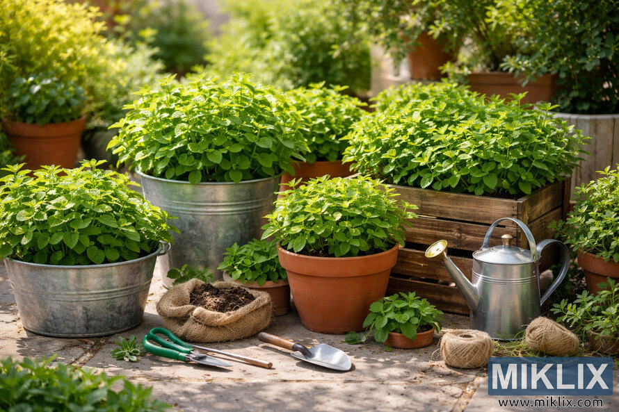 Lush mint plants growing in assorted containers on a sunny patio surrounded by gardening tools and a watering can.