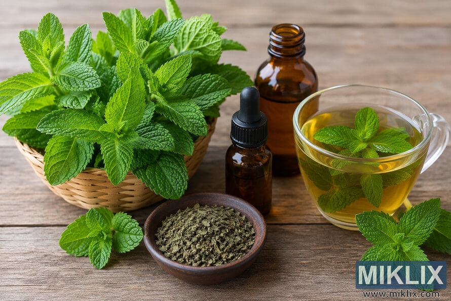 A rustic still-life arrangement featuring fresh green mint leaves in a woven basket, dried mint in a wooden bowl, amber glass bottles of mint oil, and a clear glass cup of mint tea on a weathered wooden table under soft natural light. A rustic still-life arrangement featuring fresh green mint leaves in a woven basket, dried mint in a wooden bowl, amber glass bottles of mint oil, and a clear glass cup of mint tea on a weathered wooden table under soft natural light.