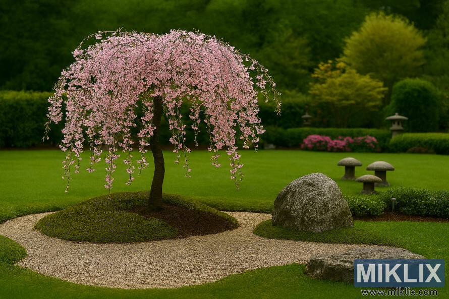 Photo de paysage dâun jardin de style japonais avec un cerisier pleureur en pleine floraison, entourÃ© de mousse, de gravier et dâornements en pierre