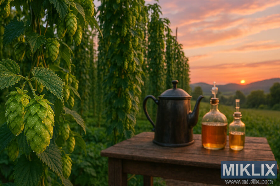 Northern Brewer hop cones glistening with dew in a golden hour field, with brewing equipment on a rustic table and rolling hills in the background.