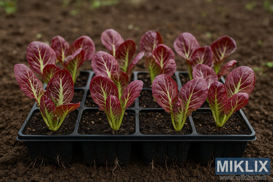 Close-up of vibrant radicchio seedlings in trays on garden soil, ready for transplanting