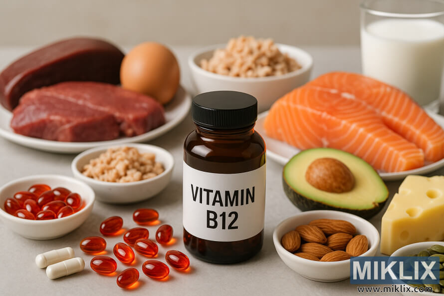 Vitamin B12 bottle with red softgels, pills, and foods like salmon, meat, egg, cheese, seeds, avocado, and milk.