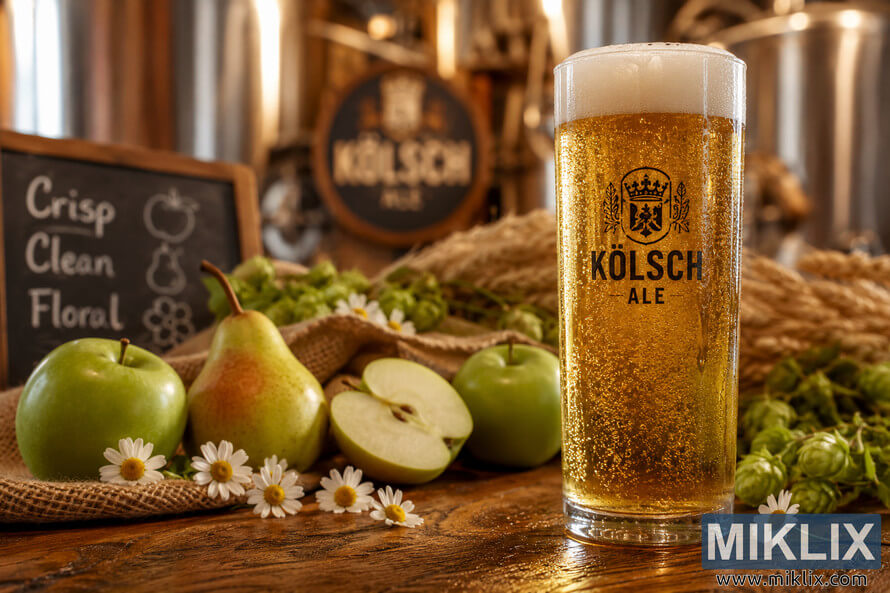 Close-up of a frosty golden Kölsch beer in a tall glass on a rustic wooden table, surrounded by green apples, pears, daisies, hops, and a softly blurred brewery background with stainless steel fermenters.