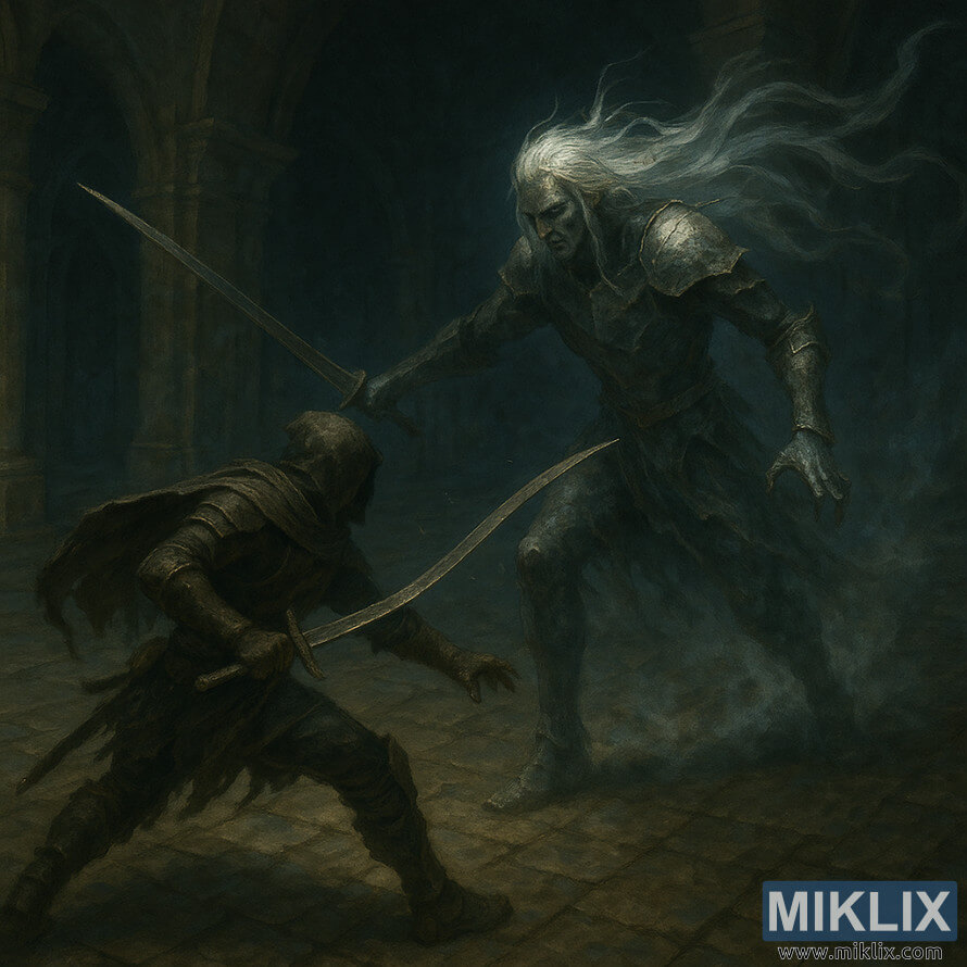 The Tarnished battles the towering Ancient Hero of Zamor in a dark stone hall, their curved swords crossing mid-strike.