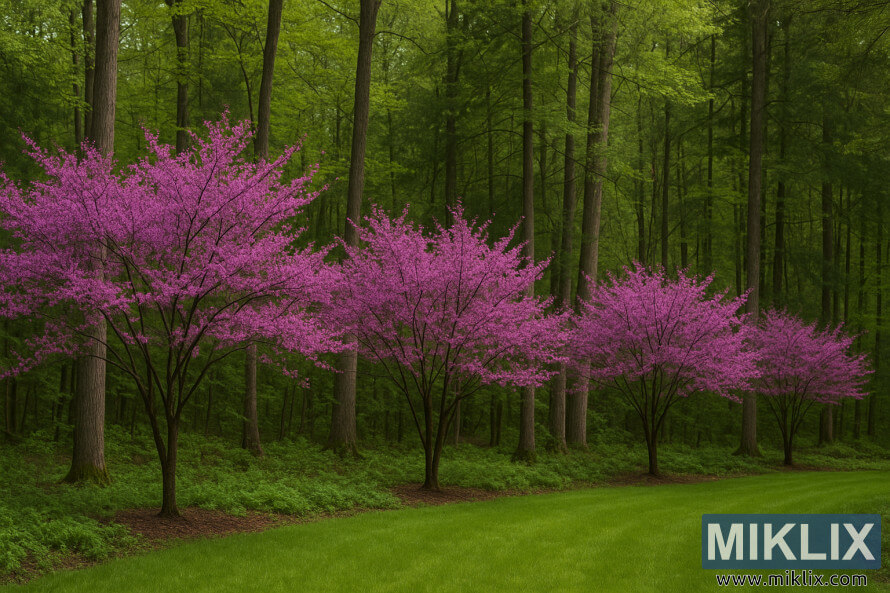 Des arbres rouges Ã©clatants aux fleurs magenta roses bordent le bord dâun jardin boisÃ© verdoyant sous de grands arbres.