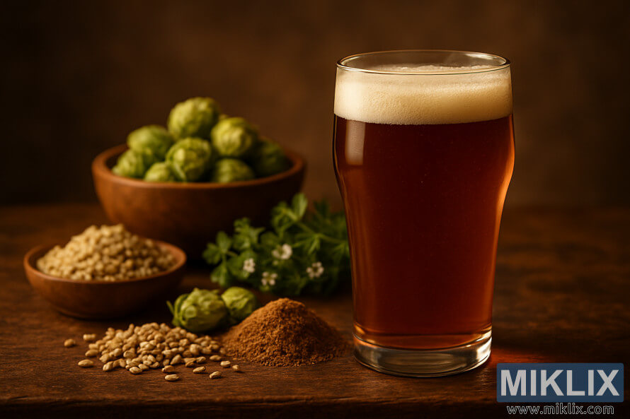 En pint bÃ¤rnstensfÃ¤rgad engelsk ale med skummigt skum, omgiven av humle, malt och korn pÃ¥ ett rustikt trÃ¤bord med varm belysning.