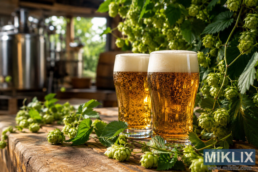 Two freshly poured glasses of golden beer with thick foamy heads rest on a rustic wooden table surrounded by lush Canterbury Whitebine hop vines, while softly blurred brewing equipment and warm natural daylight create a cozy craft brewery atmosphere.