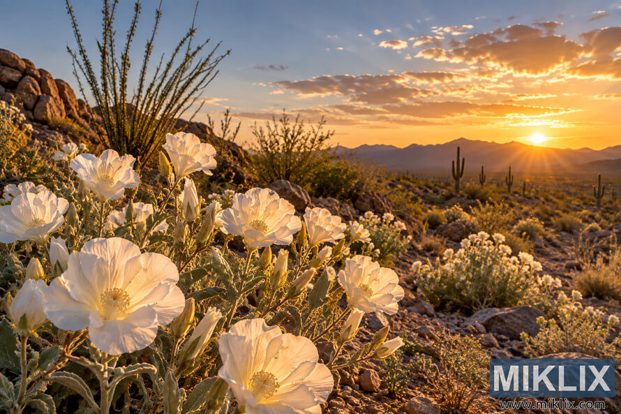 White desert flowers glow in golden sunset light among rocks, shrubs, cacti, and distant mountains beneath a cloud-streaked sky. White desert flowers glow in golden sunset light among rocks, shrubs, cacti, and distant mountains beneath a cloud-streaked sky.