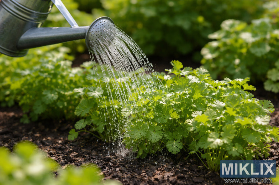 Un arrosoir verse doucement de lâeau Ã  la base des plants de coriandre vert vif qui poussent dans un plate-bande.