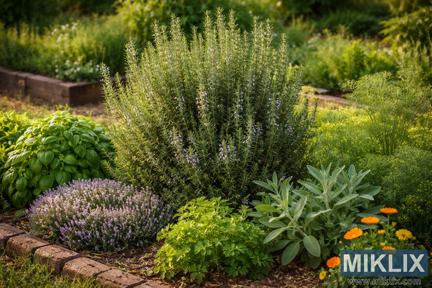 Healthy rosemary bush growing in a herb garden surrounded by basil, thyme, dill, sage, and calendula in warm afternoon light.