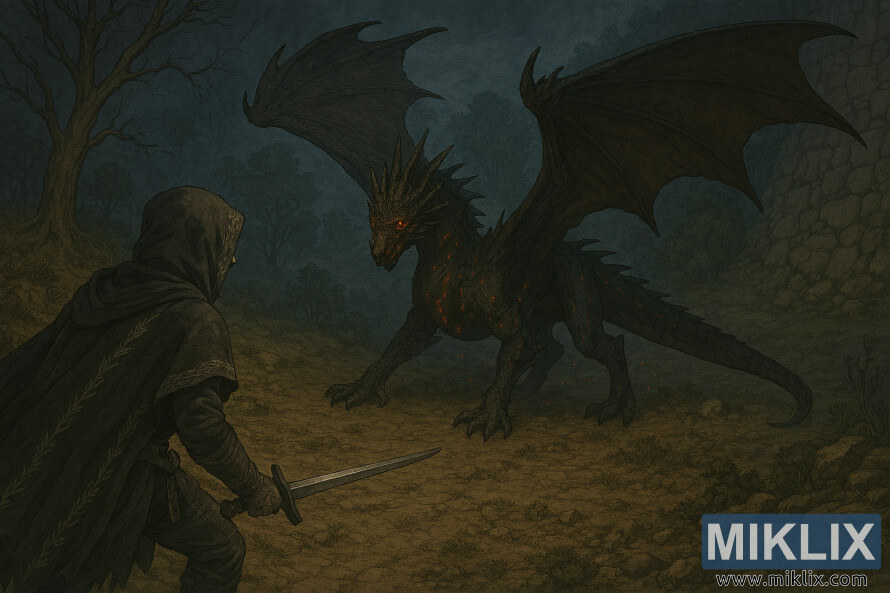 FÃ©lig realisztikus rajongÃ³i grafika, amelyen a Fekete KÃ©s pÃ¡ncÃ©lba Ã¶ltÃ¶zÃ¶tt Tarnished szembeszÃ¡ll Lichdragon Fortissaxszal az Elden Ring Deeproot Depths cÃ­mÅ± jÃ¡tÃ©kÃ¡ban.