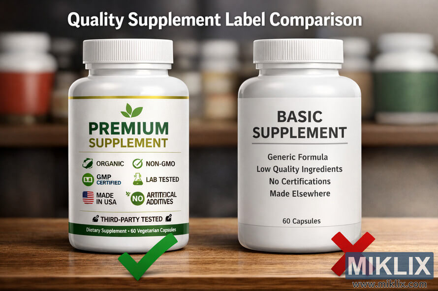 Two supplement bottles side by side on a wooden surface, one labeled 'Premium Supplement' with multiple certifications and the other labeled 'Basic Supplement' with minimal information, illustrating differences in label quality and trust indicators.