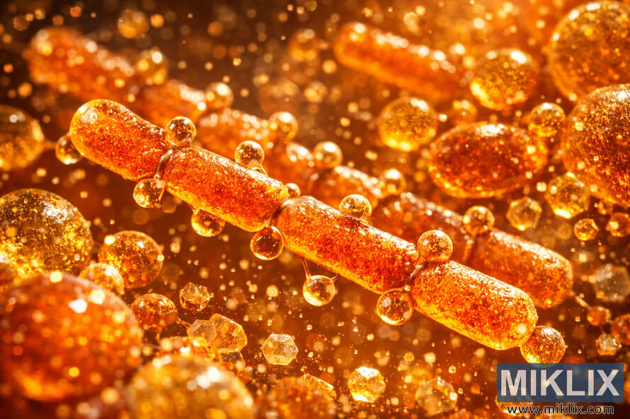 Microscopic landscape of beta-carotene molecules in pumpkin, showing orange rod-like molecular chains, golden antioxidant droplets, and glowing hexagonal crystals in a warm, amber-toned background with shallow depth of field.