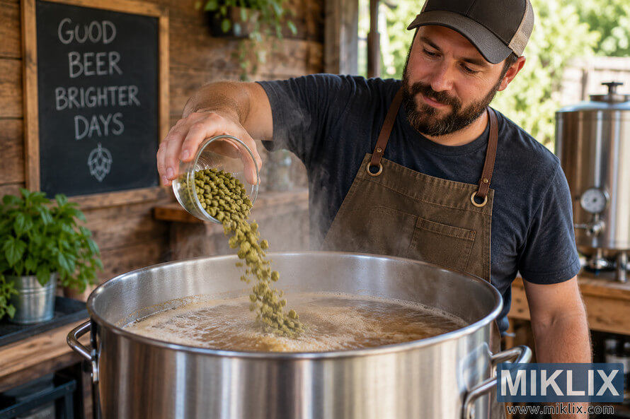 Homebrewer in a rustic brewing workspace pouring green hop pellets from a glass container into steaming, boiling wort in a large stainless-steel brew kettle. Homebrewer in a rustic brewing workspace pouring green hop pellets from a glass container into steaming, boiling wort in a large stainless-steel brew kettle.