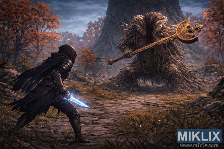 Anime stilindÉ Elden Ring fanat sÉnÉti, arxaya Ã§ÉkilmiÅ kamera ilÉ, soldakÄ± Tarnished-in dÃ¶yÃ¼ÅdÉn ÉvvÉl geniÅ payÄ±z xarabalÄ±qlarÄ±nda nÉhÉng Erdtree AvatarÄ±na baxdÄ±ÄÄ±nÄ± gÃ¶stÉrir.