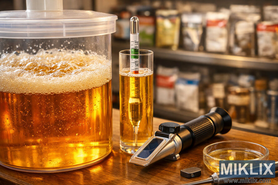 Close-up of a transparent fermentation vessel filled with golden lager bubbling actively, alongside a hydrometer and refractometer on a wooden table, with blurred brewing supplies in the background.