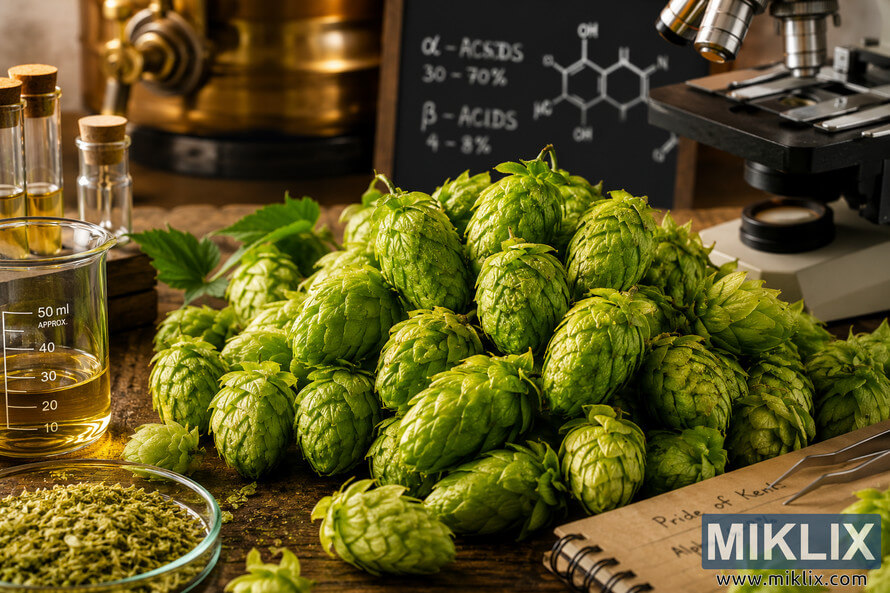 Close-up photograph of fresh green Pride of Kent hop cones on a rustic wooden brewing table, illuminated by warm natural light. Small laboratory tools including a beaker and microscope appear in the foreground, suggesting scientific brewing analysis and artisanal beer craftsmanship. Close-up photograph of fresh green Pride of Kent hop cones on a rustic wooden brewing table, illuminated by warm natural light. Small laboratory tools including a beaker and microscope appear in the foreground, suggesting scientific brewing analysis and artisanal beer craftsmanship.