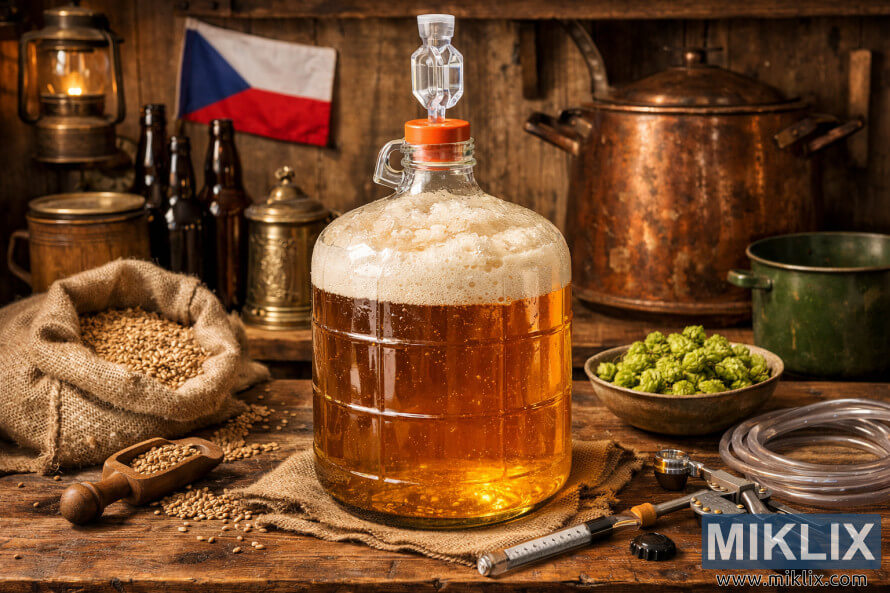 Glass carboy of golden Czech lager actively fermenting with a foamy krausen and airlock on a rustic wooden table, surrounded by grains, hops, bottles, tubing, and a copper kettle in warm light. Glass carboy of golden Czech lager actively fermenting with a foamy krausen and airlock on a rustic wooden table, surrounded by grains, hops, bottles, tubing, and a copper kettle in warm light.