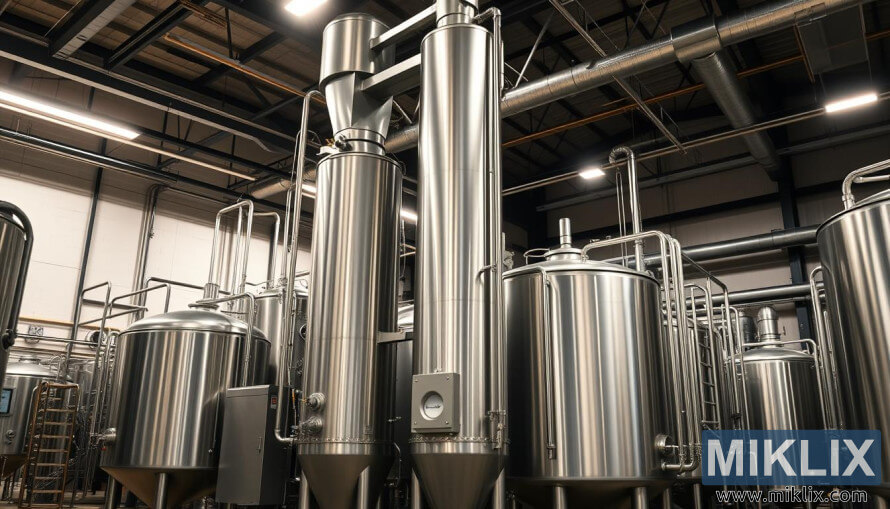 Iðnaðarbrugghús með búnaði úr ryðfrÃu stáli, kornmyllu, meskitunnu, gerjunartönkum og átöppunarlÃnu. Iðnaðarbrugghús með búnaði úr ryðfrÃu stáli, kornmyllu, meskitunnu, gerjunartönkum og átöppunarlÃnu.