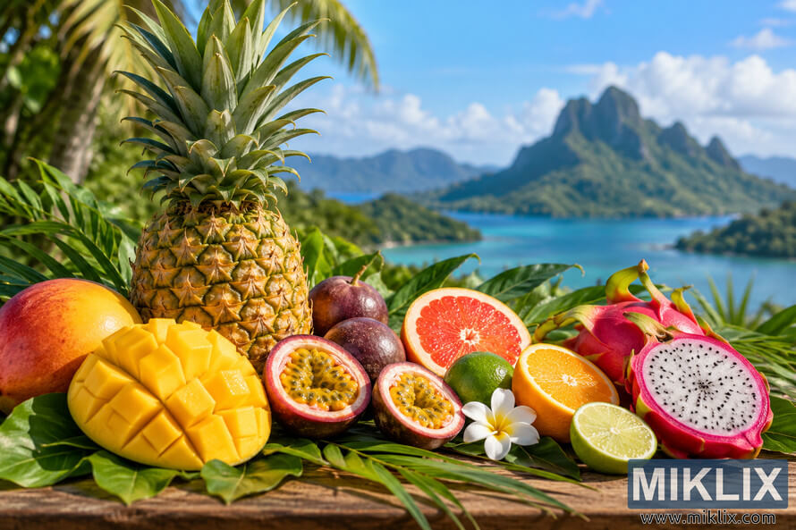 Sunlit tropical fruit arrangement with pineapple, mango, passion fruit, grapefruit, orange, lime and dragon fruit overlooking a turquoise lagoon and lush mountainous island. Sunlit tropical fruit arrangement with pineapple, mango, passion fruit, grapefruit, orange, lime and dragon fruit overlooking a turquoise lagoon and lush mountainous island.