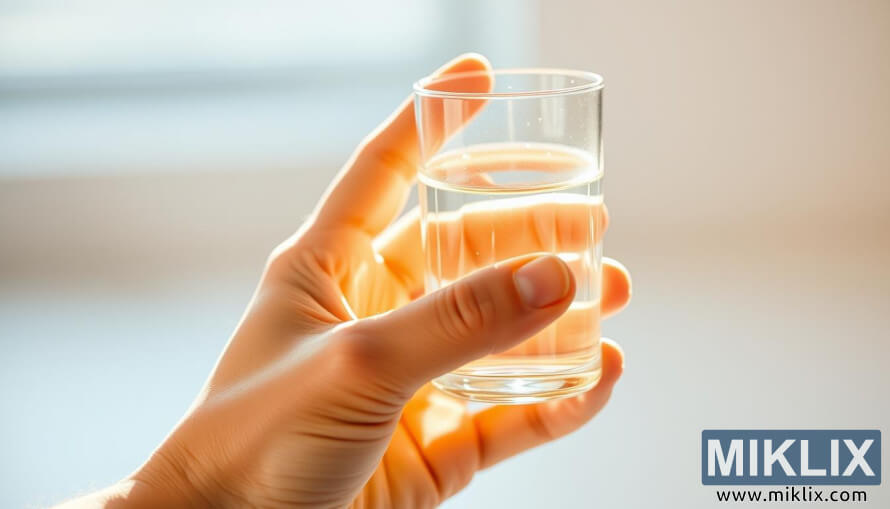 Primer plano de una mano que sostiene un recipiente de vidrio con lÃ­quido transparente, que simboliza el apoyo a la recuperaciÃ³n de glutamina.