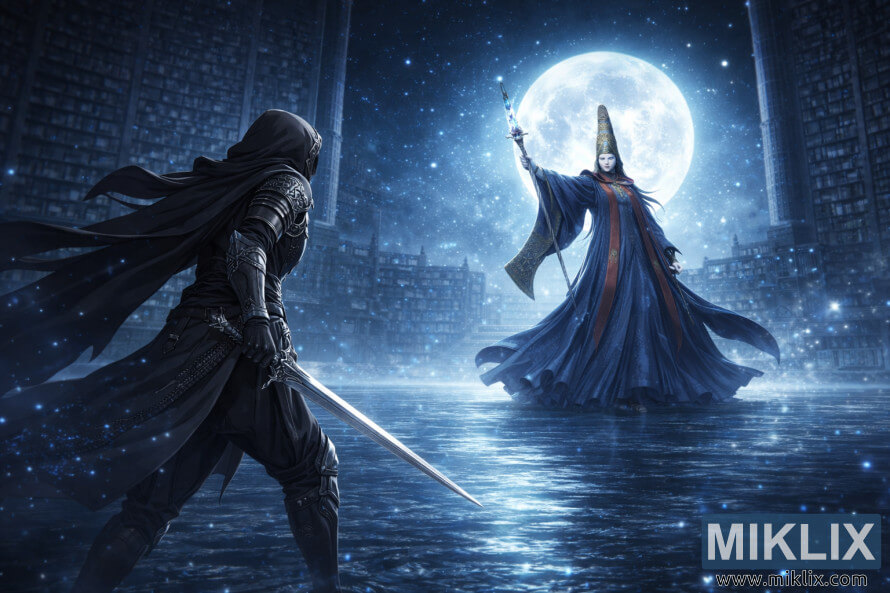 Fan art de style anime montrant le Sans-Ã©clat par derriÃ¨re Ã  gauche avec une Ã©pÃ©e, faisant face Ã  Rennala, Reine de la Pleine Lune, dans une large vue Ã©clairÃ©e par la lune de la bibliothÃ¨que de lâAcadÃ©mie Raya Lucaria.