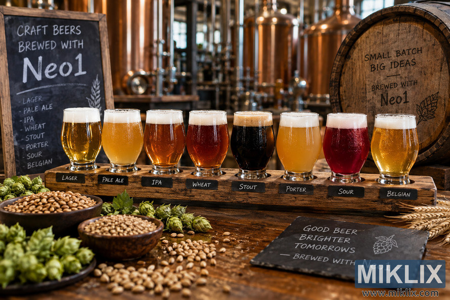 Landscape brewery scene with eight craft beers in different colors and styles arranged on a wooden tasting flight, surrounded by hops, malt, wheat, a chalkboard referencing Neo1, a wooden barrel, and softly focused copper brewing tanks.