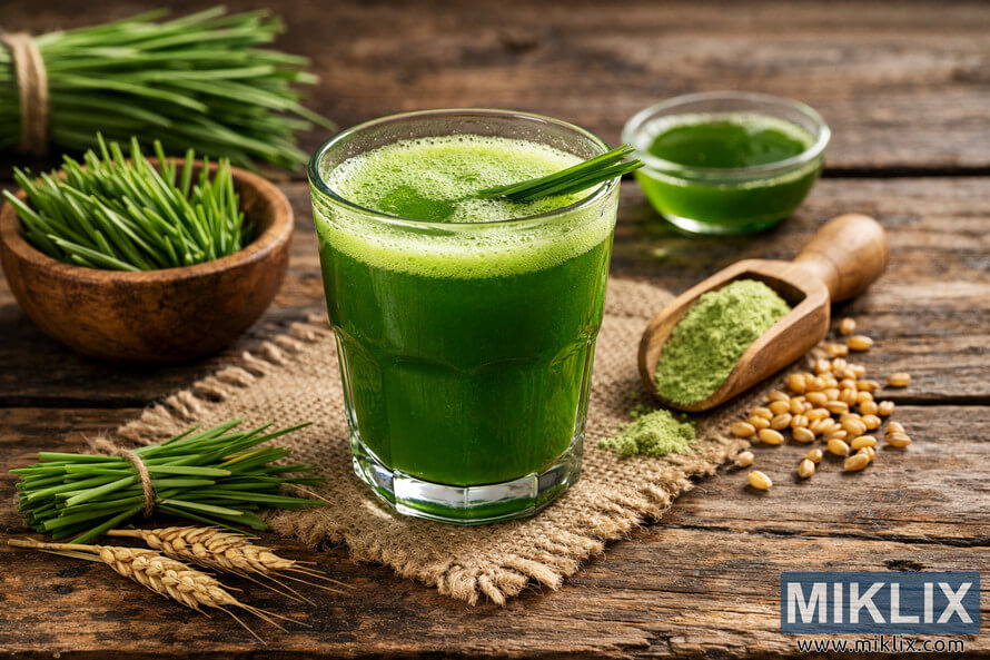 A clear glass of vibrant green wheatgrass juice with a foamy top sits on a rustic wooden table, garnished with a fresh blade of wheatgrass on the rim. To the left, a small wooden bowl overflows with freshly cut wheatgrass, and behind it a tied bundle of wheatgrass rests slightly out of focus. To the right of the glass, a wooden scoop filled with pale green wheatgrass powder lies on the table with some powder spilled, surrounded by scattered golden wheat grains. In the foreground, a small heap of cut wheatgrass and a couple of golden wheat stalks are arranged on the weathered wood, while a piece of coarse burlap fabric and a small glass dish of wheatgrass juice in the background complete the warm, natural scene. A clear glass of vibrant green wheatgrass juice with a foamy top sits on a rustic wooden table, garnished with a fresh blade of wheatgrass on the rim. To the left, a small wooden bowl overflows with freshly cut wheatgrass, and behind it a tied bundle of wheatgrass rests slightly out of focus. To the right of the glass, a wooden scoop filled with pale green wheatgrass powder lies on the table with some powder spilled, surrounded by scattered golden wheat grains. In the foreground, a small heap of cut wheatgrass and a couple of golden wheat stalks are arranged on the weathered wood, while a piece of coarse burlap fabric and a small glass dish of wheatgrass juice in the background complete the warm, natural scene.