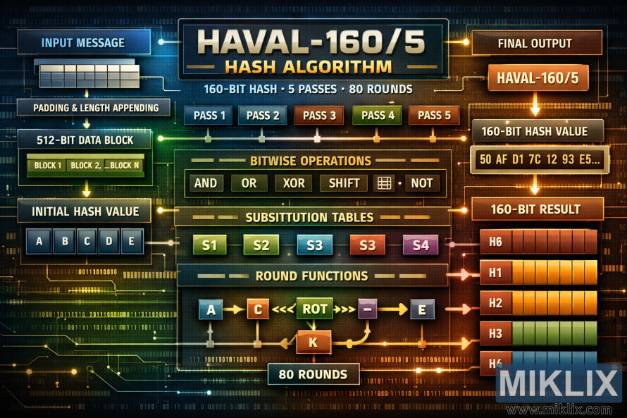 Landscape infographic showing the HAVAL-160/5 hash algorithm with input padding, five passes, bitwise operations, substitution tables, and a 160-bit output.