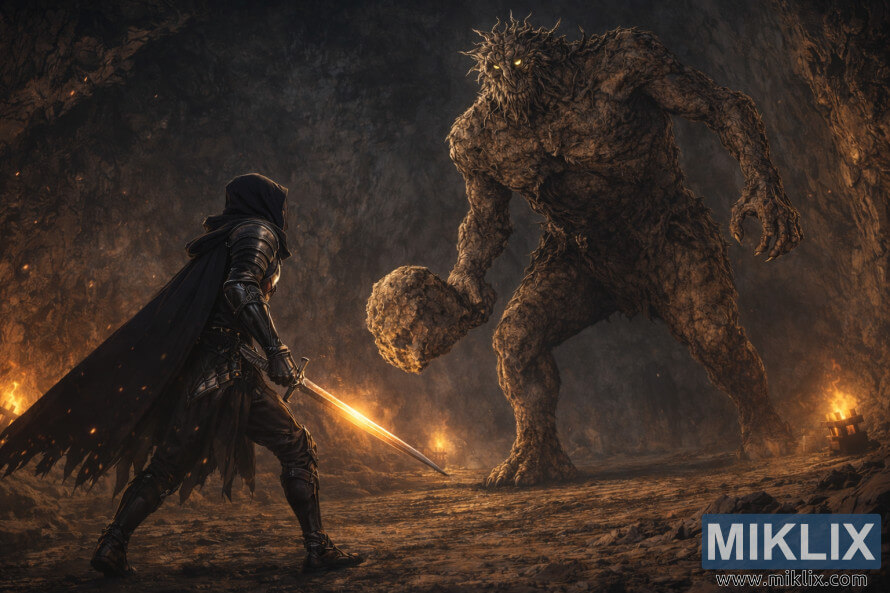 Imagem de fantasia semi-realista de um guerreiro encapuzado e armado a segurar uma espada brilhante enquanto enfrenta um troll de pedra imponente numa caverna iluminada por tochas.