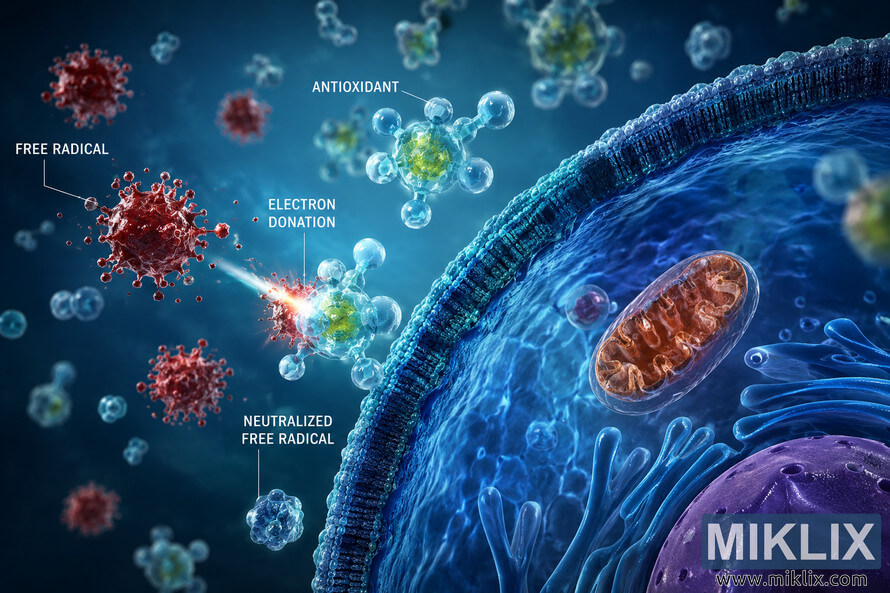 Detailed scientific illustration showing antioxidants interacting with free radicals near a cellular membrane. Red unstable free radical particles collide with glowing antioxidant molecules that donate electrons to neutralize oxidative stress inside a microscopic biological environment with mitochondria and cellular structures visible. Detailed scientific illustration showing antioxidants interacting with free radicals near a cellular membrane. Red unstable free radical particles collide with glowing antioxidant molecules that donate electrons to neutralize oxidative stress inside a microscopic biological environment with mitochondria and cellular structures visible.
