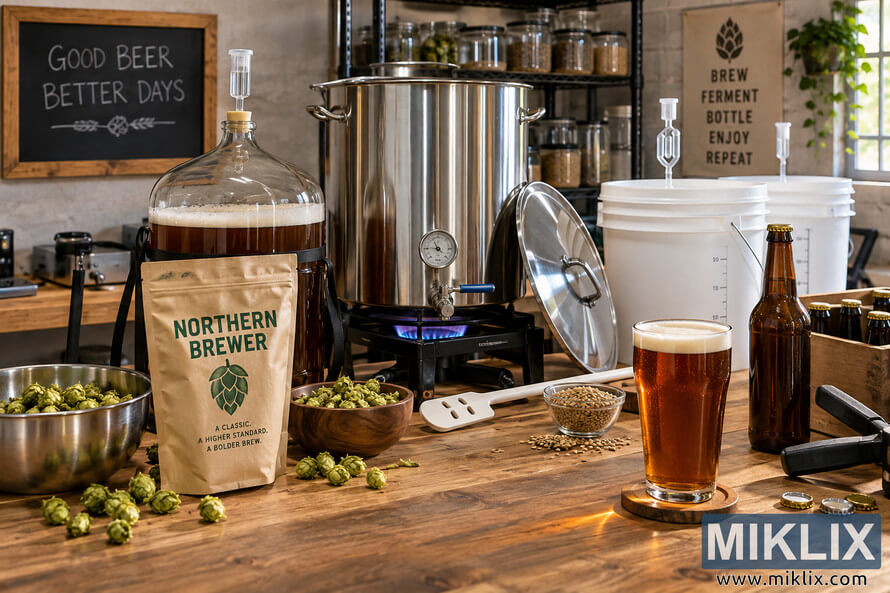 Wide homebrewing workspace with a stainless-steel brew kettle, glass fermenter, green hops, brewing grain, fermentation buckets, brown bottles and a freshly poured glass of amber beer on a wooden workbench.