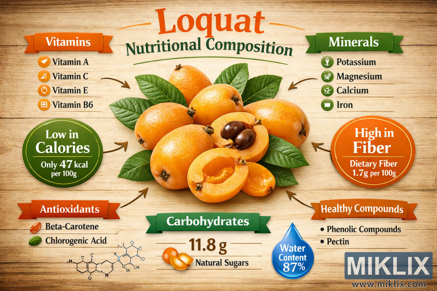Landscape infographic showing a central photo of ripe loquats surrounded by labeled sections for vitamins, minerals, calories, fiber, antioxidants, carbohydrates, healthy compounds, and hydration, all arranged on a wooden background with colorful banners and icons. Landscape infographic showing a central photo of ripe loquats surrounded by labeled sections for vitamins, minerals, calories, fiber, antioxidants, carbohydrates, healthy compounds, and hydration, all arranged on a wooden background with colorful banners and icons.