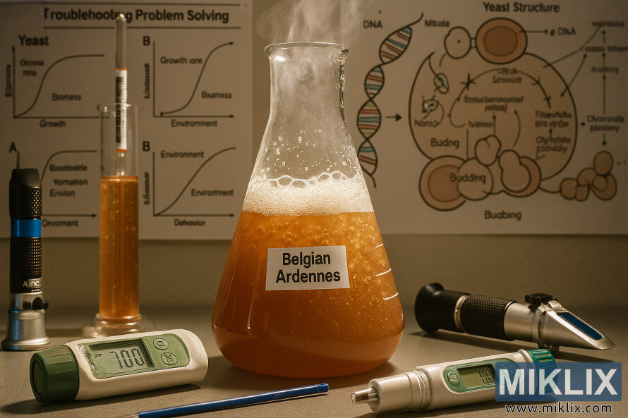 Bubbling Erlenmeyer flask with Belgian Ardennes yeast surrounded by brewing tools and scientific charts Bubbling Erlenmeyer flask with Belgian Ardennes yeast surrounded by brewing tools and scientific charts