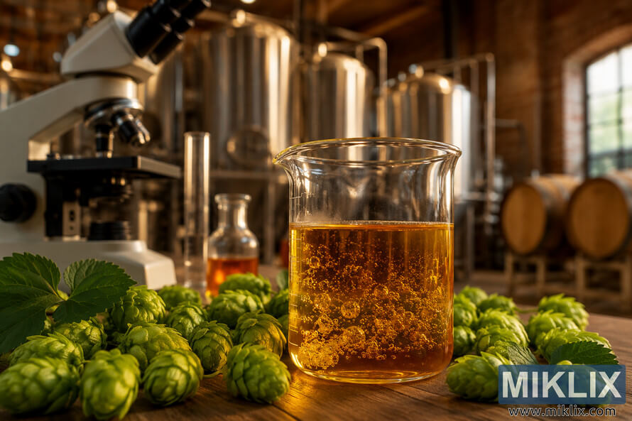 Close-up of a glass beaker filled with glowing golden hop oils surrounded by fresh green hop cones in a rustic brewery laboratory with a microscope, fermentation tanks, and wooden barrels softly blurred in the background. Close-up of a glass beaker filled with glowing golden hop oils surrounded by fresh green hop cones in a rustic brewery laboratory with a microscope, fermentation tanks, and wooden barrels softly blurred in the background.