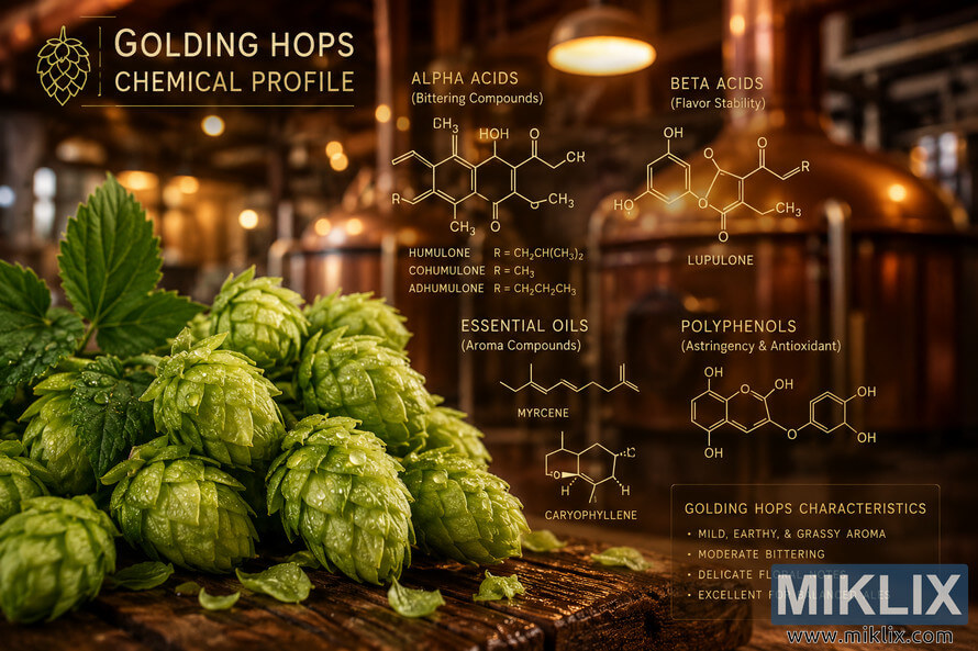 Close-up illustration of fresh Golding hops covered in glistening droplets, displayed in the foreground of a warmly lit rustic brewery. Molecular diagrams representing alpha acids, beta acids, essential oils, and polyphenols overlay the scene, while blurred brewing equipment and wooden barrels create a cozy background atmosphere. Close-up illustration of fresh Golding hops covered in glistening droplets, displayed in the foreground of a warmly lit rustic brewery. Molecular diagrams representing alpha acids, beta acids, essential oils, and polyphenols overlay the scene, while blurred brewing equipment and wooden barrels create a cozy background atmosphere.