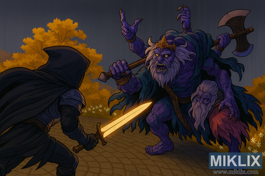 Seni peminat ala anime bagi Tarnished yang sedang bertarung dengan Godefroy yang Dicantumkan dalam Keturunan Emas Elden Ring, Evergaol