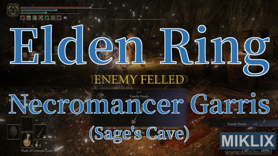 Elden Ring screenshot showing Necromancer Garris defeated.