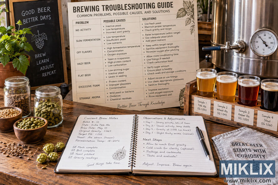 Warm, rustic homebrewing workspace with a detailed brewing troubleshooting guide, handwritten brew notebook, four beer tasting samples, hops and grains, and a stainless-steel brewing kettle. Warm, rustic homebrewing workspace with a detailed brewing troubleshooting guide, handwritten brew notebook, four beer tasting samples, hops and grains, and a stainless-steel brewing kettle.