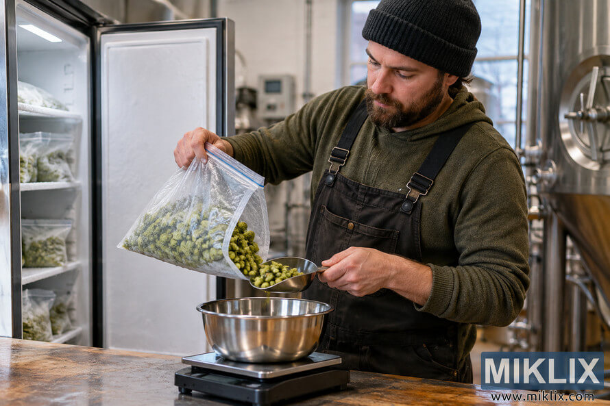 Brewer in a professional brewery measuring green hops from an unbranded freezer bag into a metal scoop above a stainless-steel bowl and digital scale beside an open freezer.